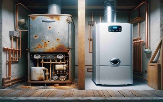 an old boiler compared to a new fancy boiler