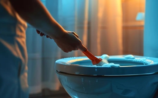 a person using a toilet brush to clean a toilet bowl.