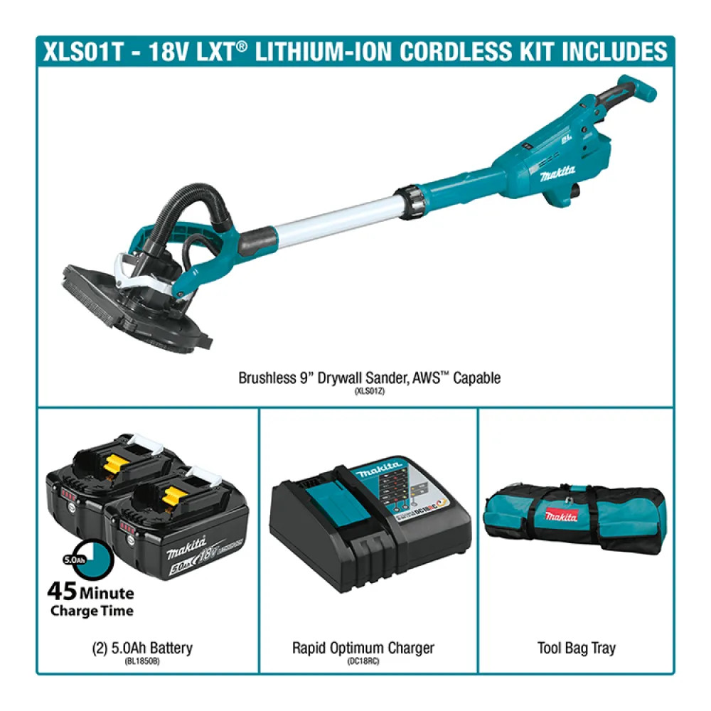 Makita 18V LXT Lithium Ion 5.0Ah AWS Capable XPT Brushless Cordless Drywall Sander Kit XLS01T