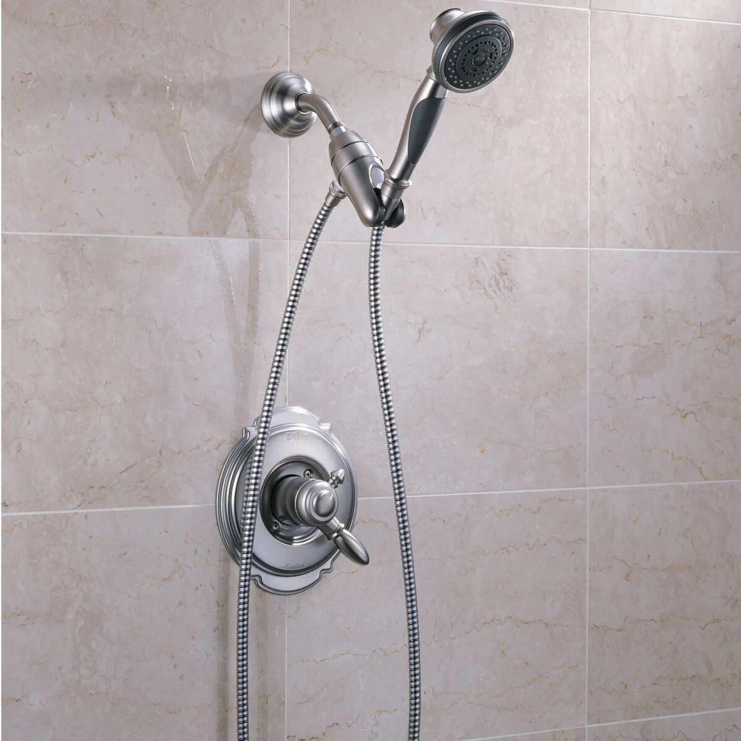 Delta 54613 Delta Premium Three-Setting Touch-Clean Handheld Shower with Shower Mount and 60in to 82in Stretchable Metal Hose, 1.75 GPM, Chrome - 54613