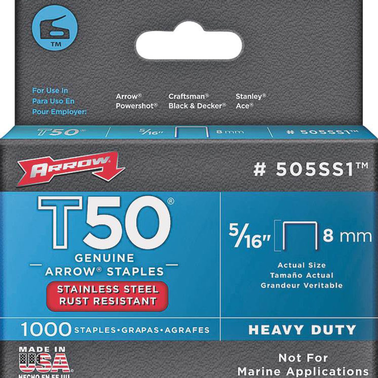 Arrow 505SS1 Arrow Fastener 505SS1 T50 Staples, Stainless Steel, 5/16