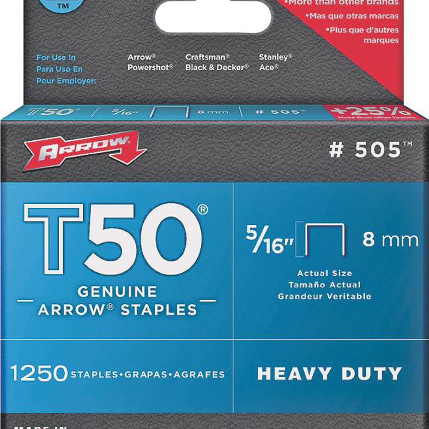 Arrow 50524/505 T50 50524/505 Flat Crown Staple, 5/16