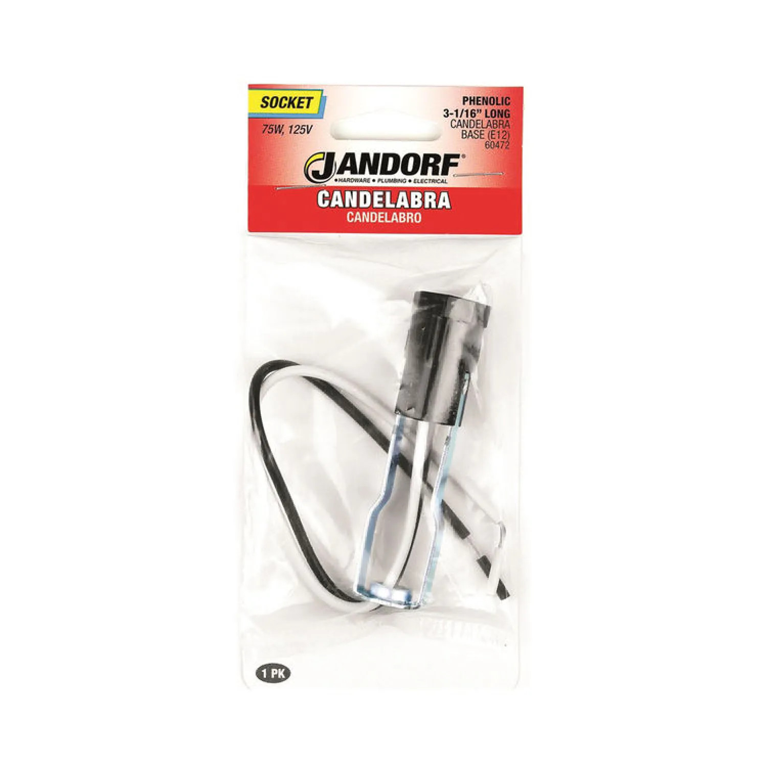 Jandorf 60472 Jandorf 60472 Lamp Socket With 3-1/16 IN Double Leg Hickey, 75 W, Candelabra, Black, Phenolic