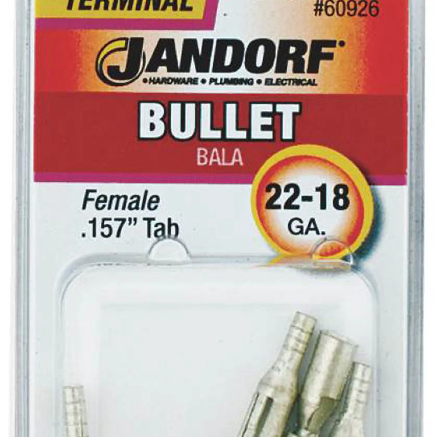 Jandorf 60926 Jandorf 60926 Bullet Terminal, 22 - 18 AWG, 600 V, Non-Insulated, Tin Plated Copper