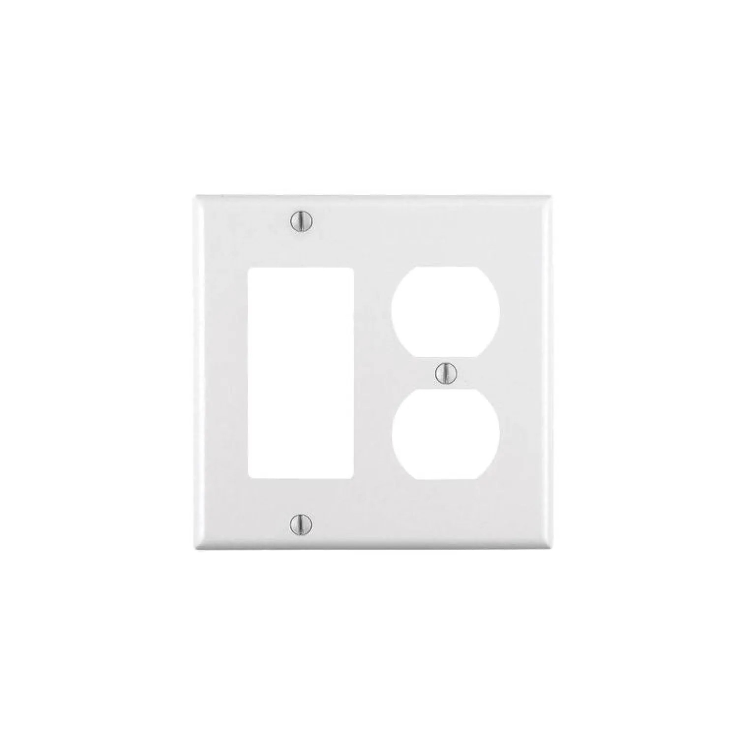 Leviton 002-80455-00W Leviton 002-80455-00W 1-Duplex 1-Decora/GFCI Standard Size Wall Plate, 2 Gang, 4.5 in L X 4.56 in W 0.22 in T, White