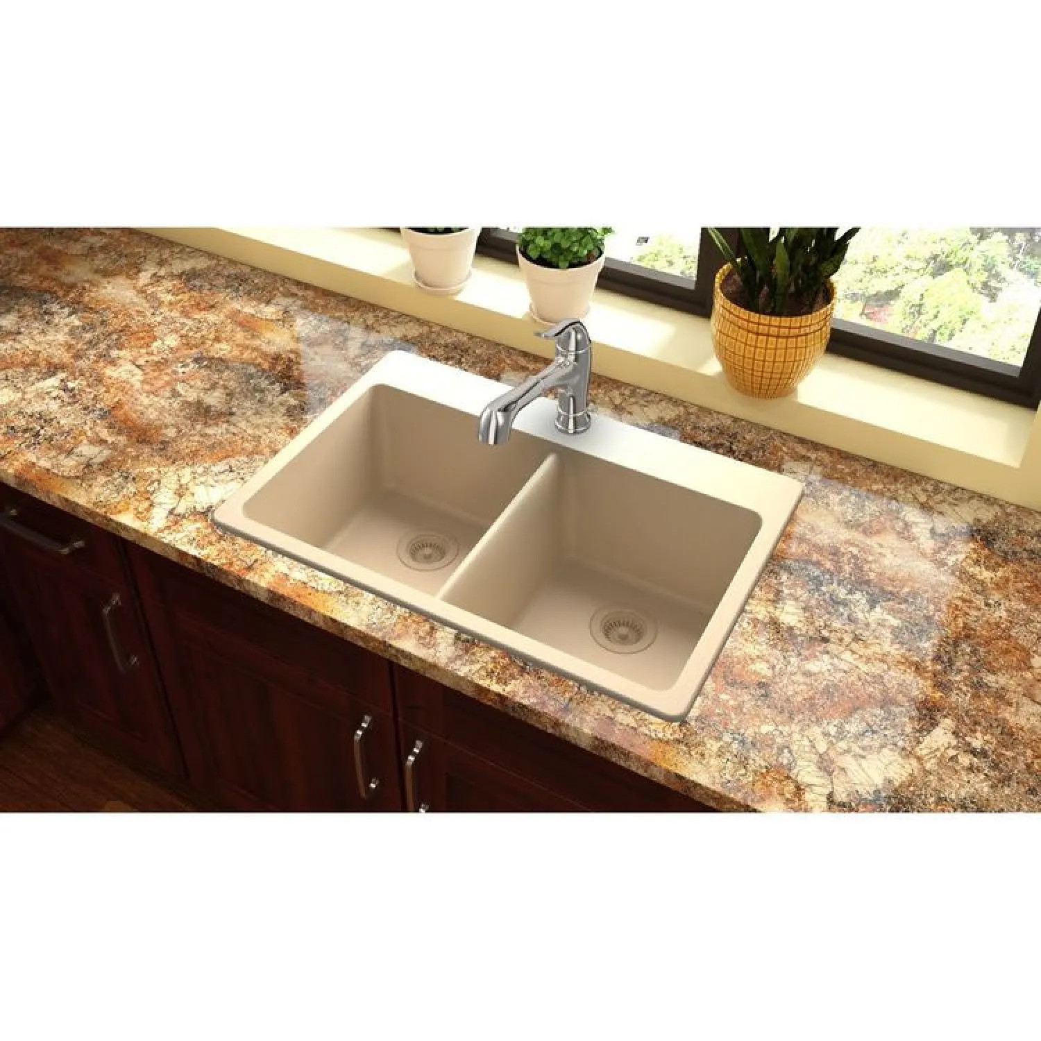 Elkay ELG3322SD0 Elkay Quartz Classic Sand 33in x 22in Equal Double Bowl Drop-In Sink with Rear Center Drain - ELG3322SD0 
