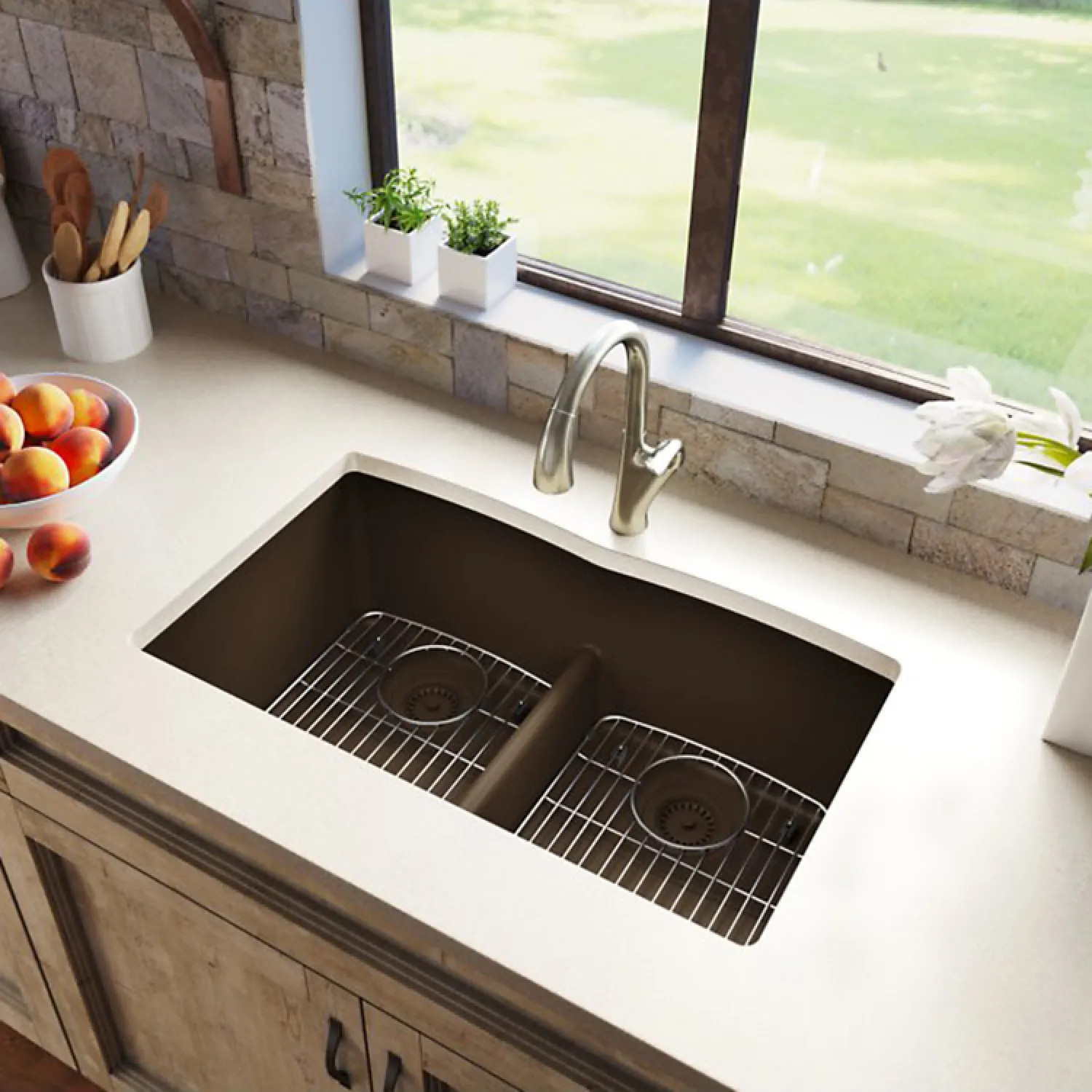 Elkay ELGDULB3322MC0 Elkay Quartz Classic Mocha 33in x 19in x 10in Undermount with Rear Center Drain Equal Double Bowl Sink with Aqua Divide - ELGDULB3322MC0