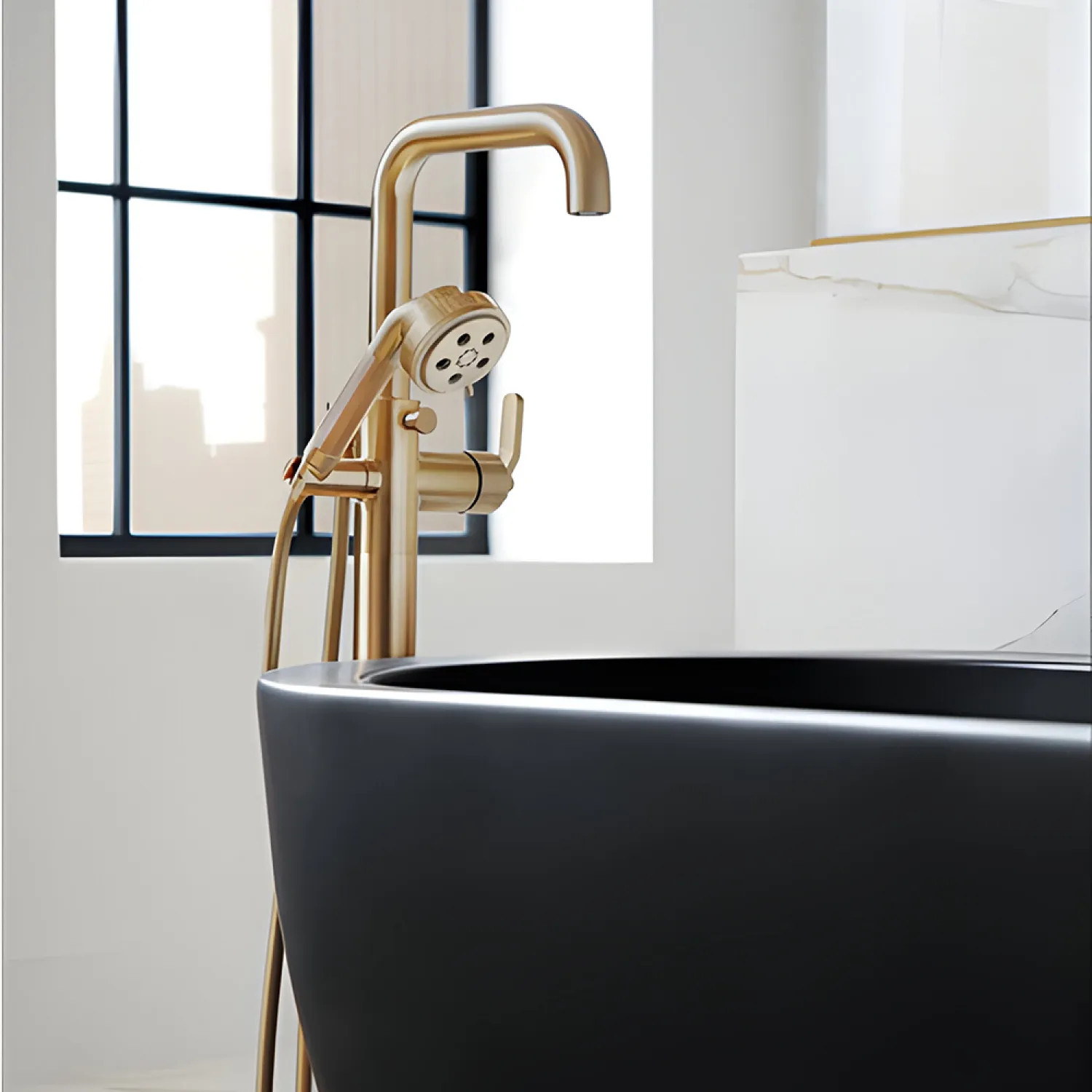 Brizo T70135-GLLHP Brizo Litze Single-Handle Freestanding Tub Filler with H2Okinetic Hand Shower, Single-Hole, 1.75 GPM, WaterSense, Brilliance Luxe Gold - T70135-GLLHP