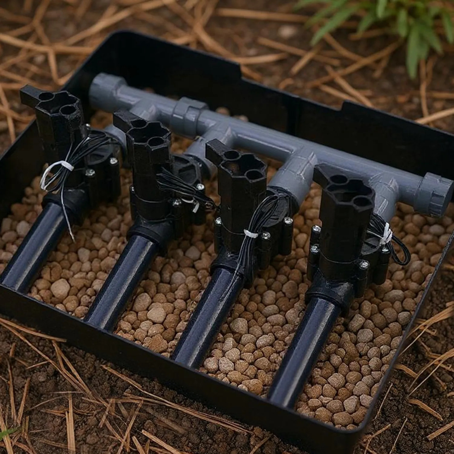 Commodity   4-Valve Sprinkler Manifold Setup with Flow Control - Rain Bird 1
