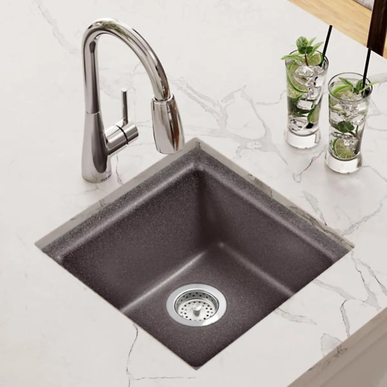 Elkay ELG1616SL0 Elkay Quartz Classic Slate 15-3/4in x 15-3/4in x 7-11/16in Dual Mount Single Bowl Sink with Rear Center Drain - ELG1616SL0