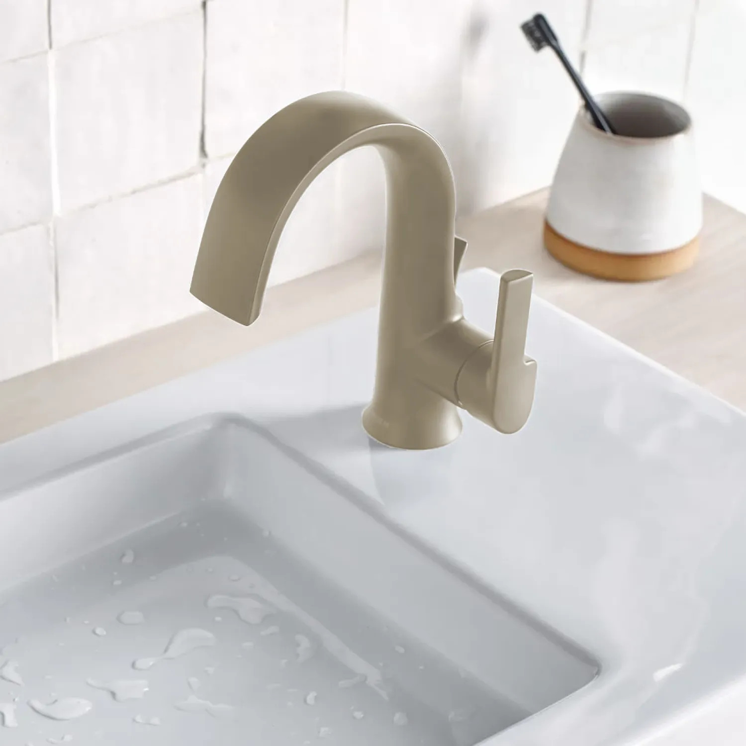 Moen S6910BN Moen Doux Single-Handle Brushed Nickel Bathroom Faucet with Metal Pop-Up and Escutcheon, Lever Handle, 1.2 GPM, Single-Hole, WaterSense - S6910BN