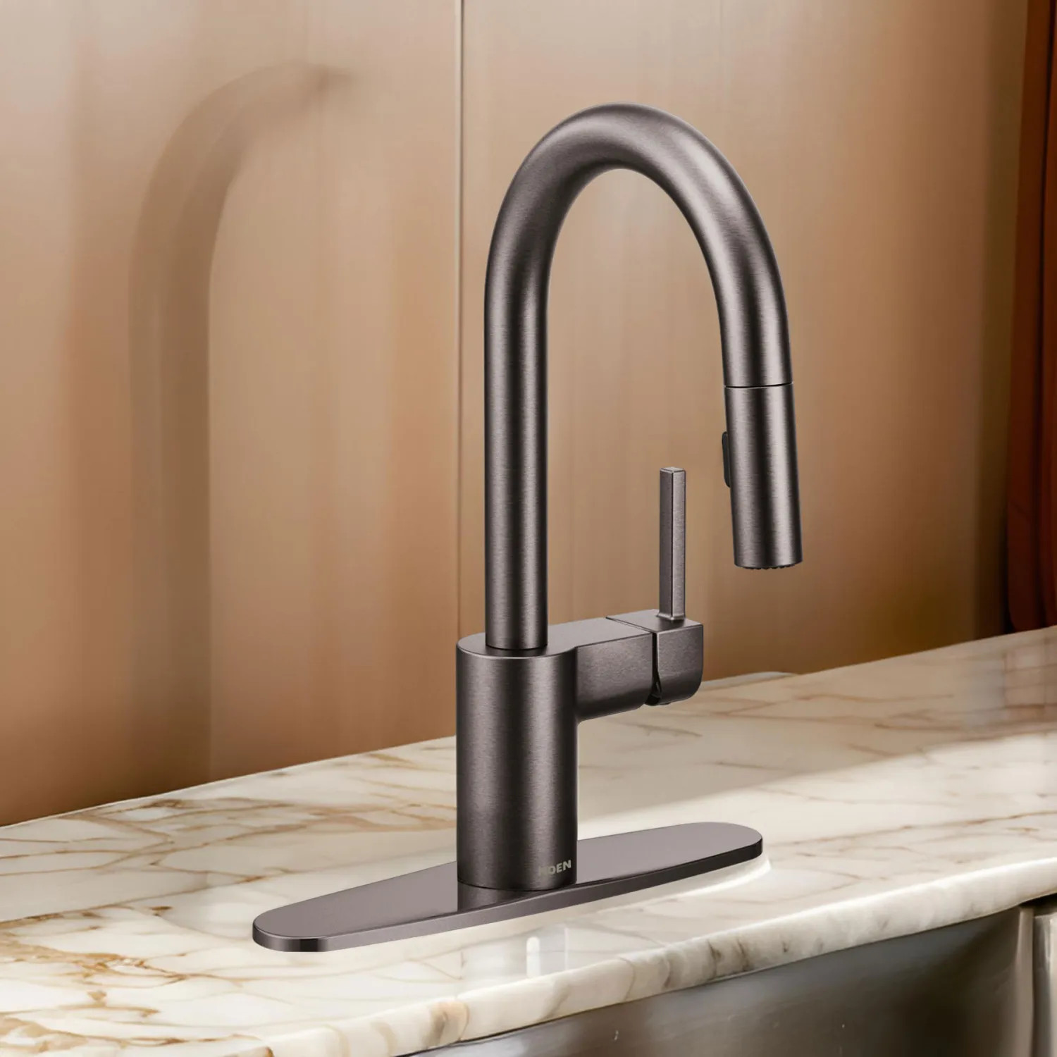 Moen 5965BLS Moen Align Single-Handle High Arc Pull-Down Bar/Prep Faucet, 1.5 GPM, Reflex, Power Clean, Duralock, Black Stainless - 5965BLS