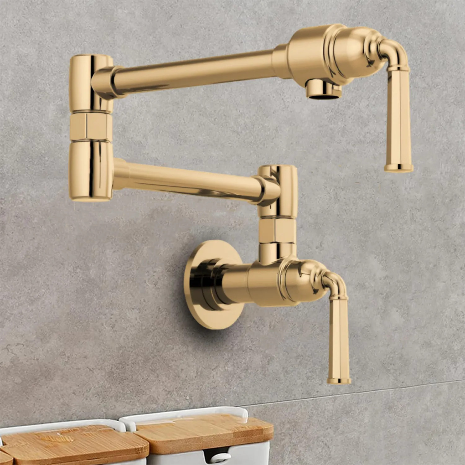Brizo 62874LF-PG Brizo Rook Two-Handle Wall-Mount Pot Filler with Dual-Jointed Swing Spout, 4 GPM, Brilliance Polished Gold - 62874LF-PG