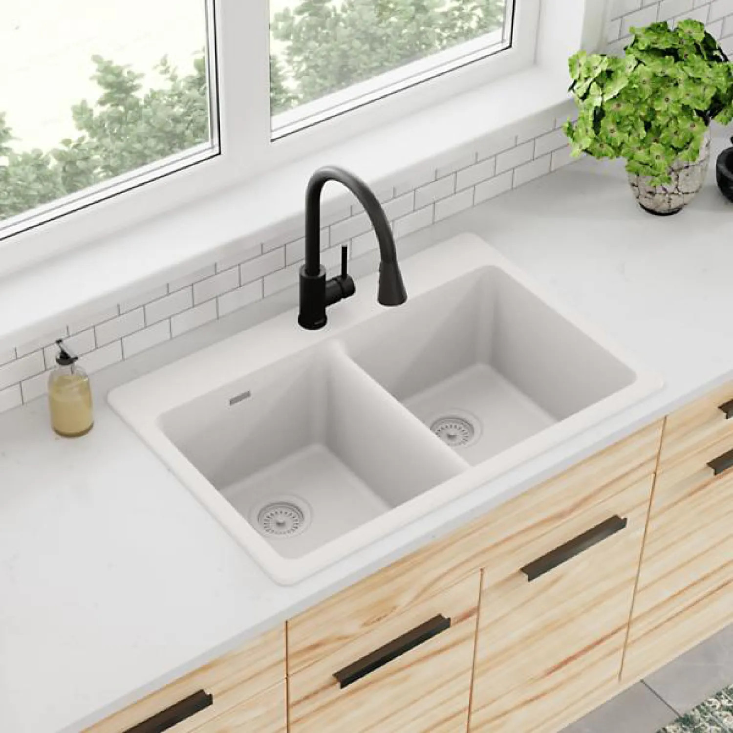 Elkay ELG3322WH0 Elkay Quartz Classic White 33in x 22in Equal Double Bowl Drop-In Sink with Rear Center Drain - ELG3322WH0