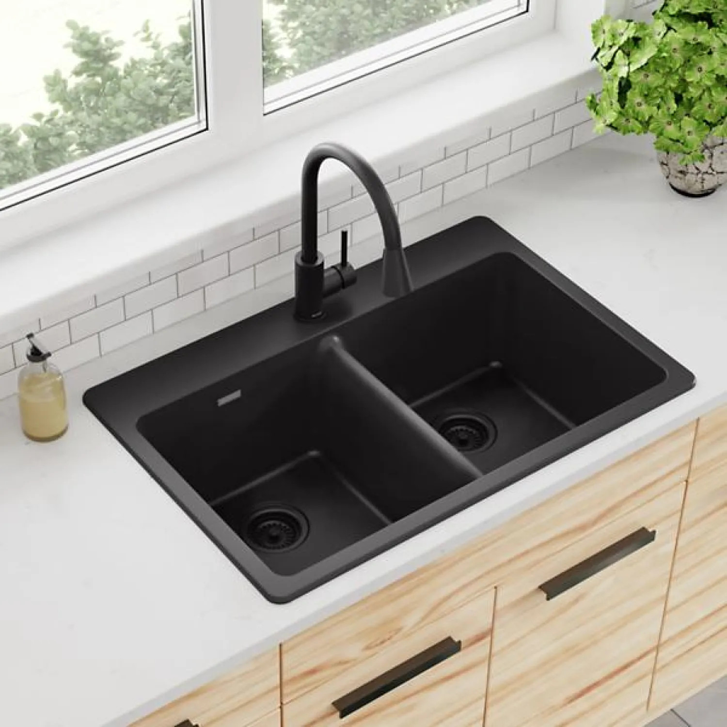 Elkay ELG3322BK0 Elkay Quartz Classic Black 33in x 22in Equal Double Bowl Drop-In Sink with Rear Center Drain - ELG3322BK0