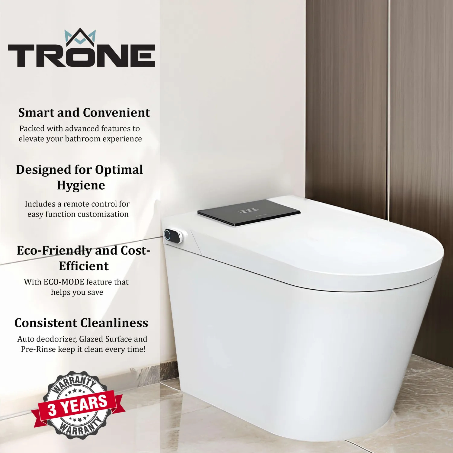 Trone Plumbing STCM1 Trone Smart Bidet Toilet Combo with Toe Touch Sensor, Auto-Open/Close, Digital Display, Heated Seat, Night Light, Auto-Flush, 1.28 GPF, Classic White - STCM1.WH