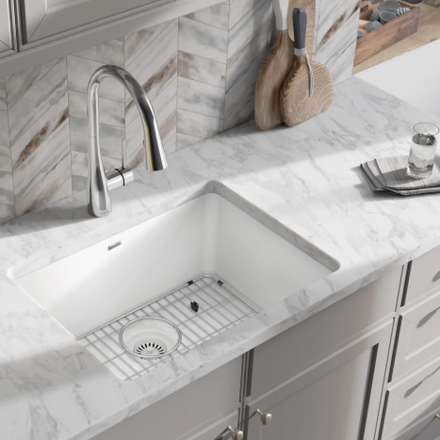 Elkay ELGU2522WH0C Elkay Quartz Classic White 25in x 18in Undermount Single Bowl Kitchen Sink Kit with Rear Center Drain, Bottom Grid, Strainer, and Cleaning Kit - ELGU2522WH0C