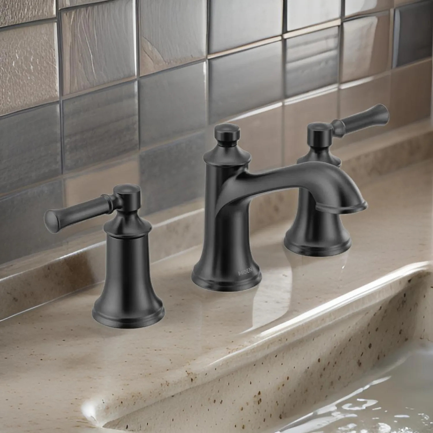 Moen T68085BL Moen Dartmoor Two-Handle Widespread Matte Black Bathroom Faucet, 1.2 GPM, 60 PSI, WaterSense, Lever Handles, Three-Holes - T6805BL