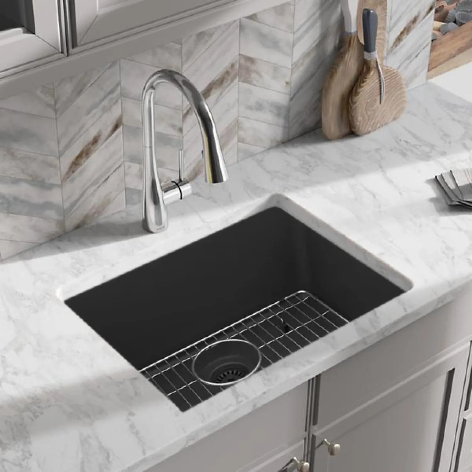 Elkay ELGU2522MB0C Elkay Quartz Classic Matte Black 25in x 18in Undermount Single Bowl Kitchen Sink Kit with Rear Center Drain, Bottom Grid, Strainer, and Cleaning Kit - ELGU2522MB0C