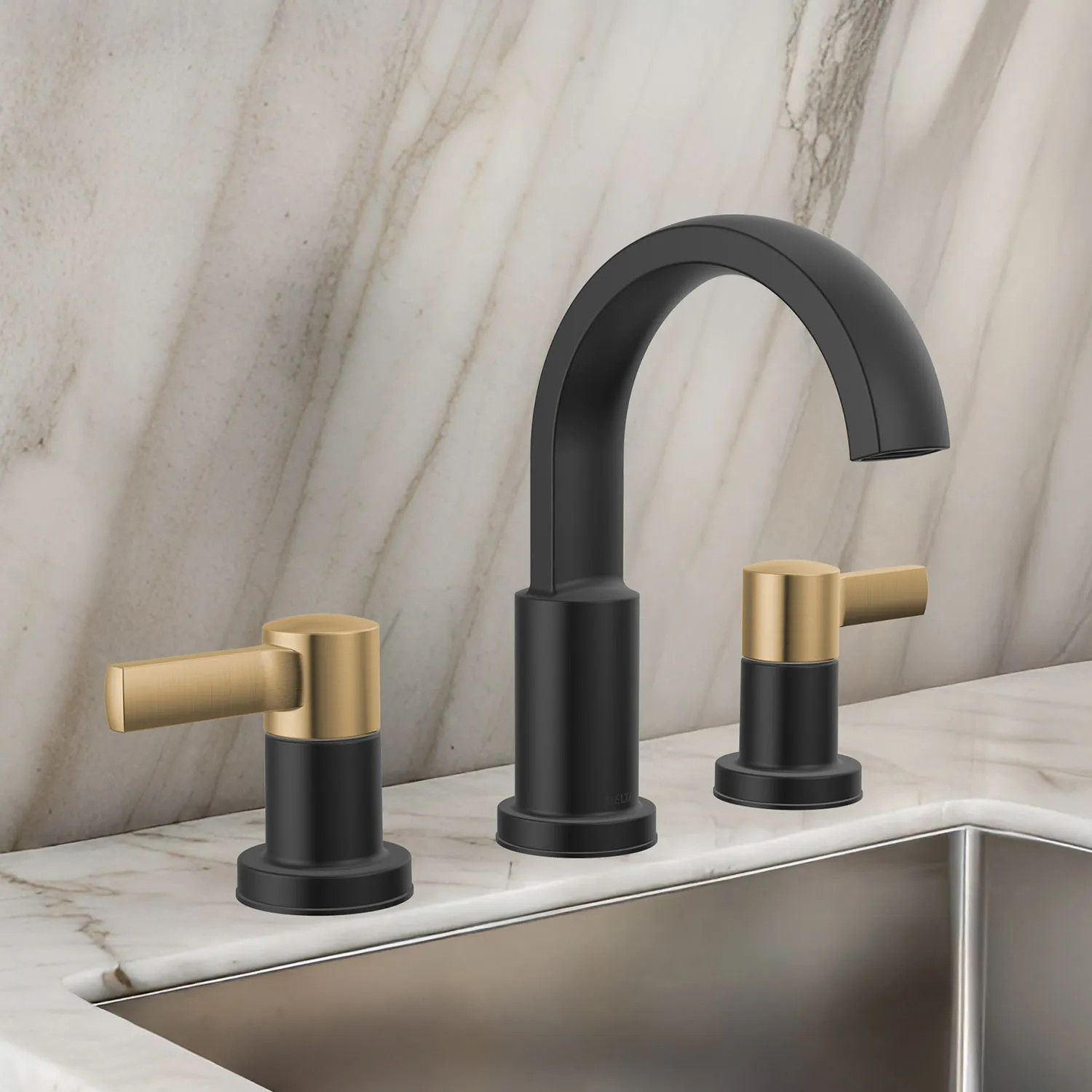 Delta 35855LF-GZ Delta Albion Two Handle Widespread Bathroom Faucet, ADA.,1.2 GPM, Matte Black/Champagne Bronze - 35855LF-GZ