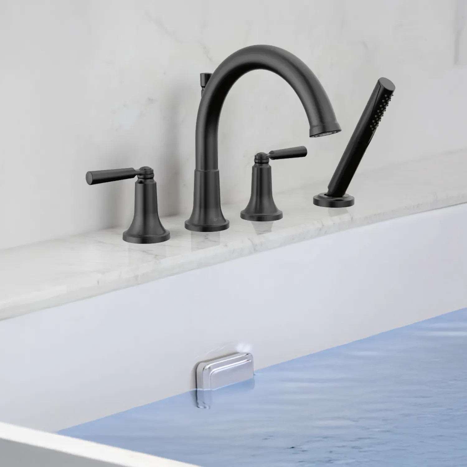 Delta T4735-BL Delta Saylor Roman Tub Faucet Trim With 1.75 GPM Hand Shower, Low-Arc Spout, Two Lever Handles, ADA-Compliant, Matte Black - T4735-BL
