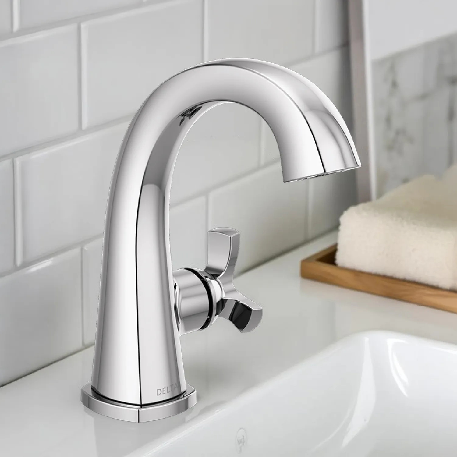 Delta 5776-PR-MPU-DST Delta Stryke Single Handle Deck Mounted Bathroom Faucet With Drain, Helo Spoke, 1.2 GPM, Lumicoat Chrome - 5776-PR-MPU-DST