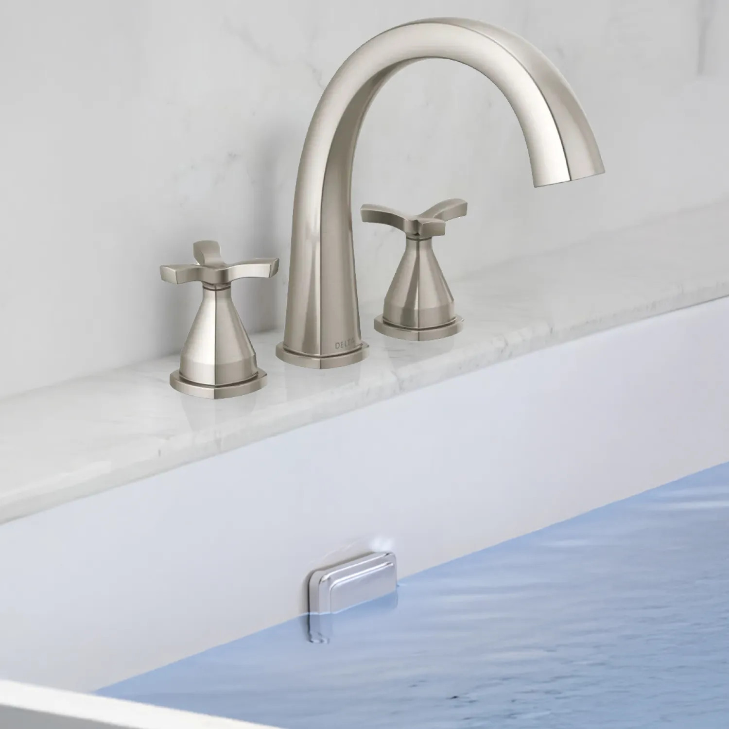 Delta T27776-SS-PR Delta Stryke Two-Handle Roman Tub Faucet Trim, High Arc Spout, Cross Handles, Lumicoat Stainless - T27776-SS-PR