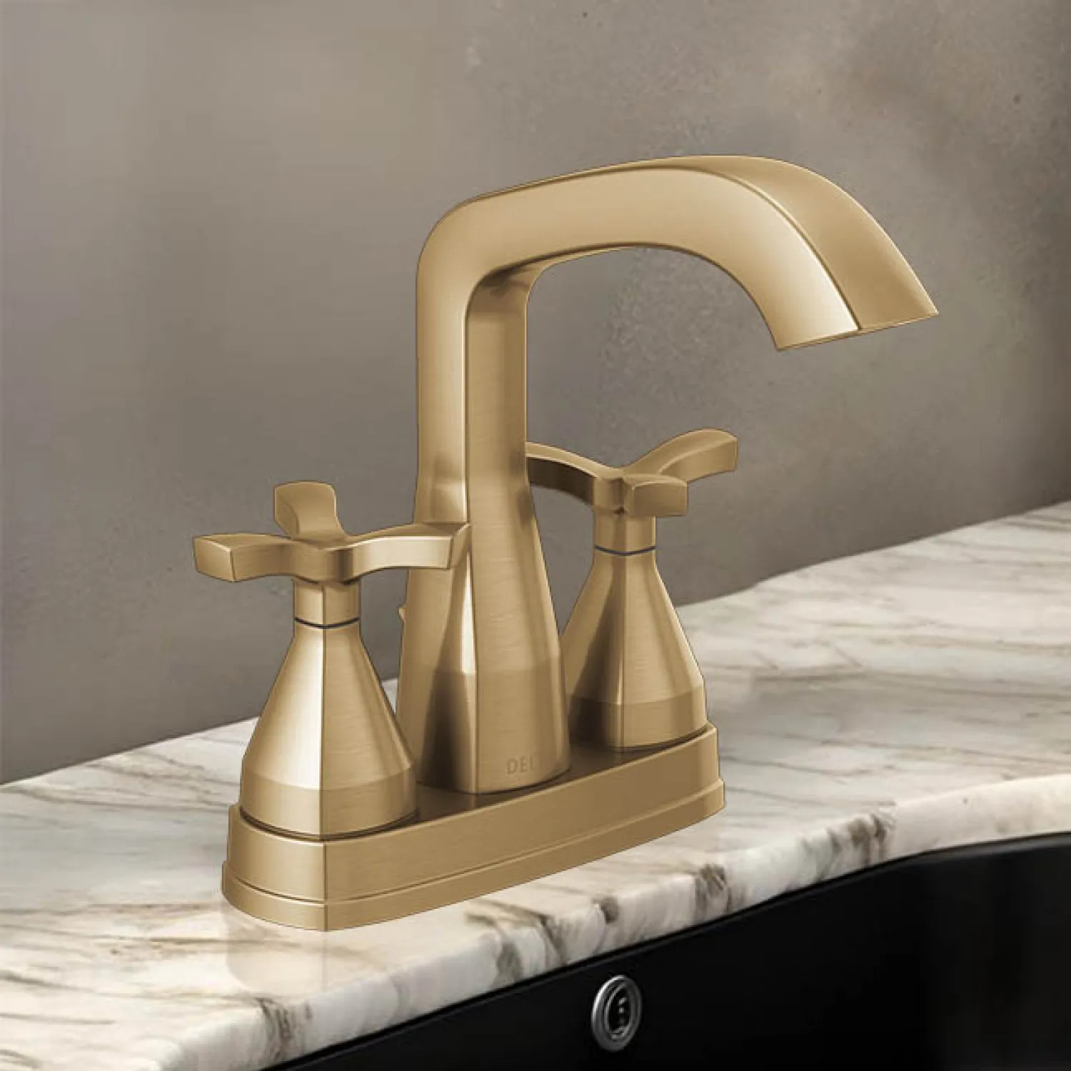 Delta 257766-CZ-PR-MPU-DST Delta Stryke Angled Spout Centerset Faucet With Metal Pop-Up, DIAMOND Seal, Helo Spoke Handles, 1.2 GPM, Lumicoat Champagne Bronze - 257766-CZ-PR-MPU-DST