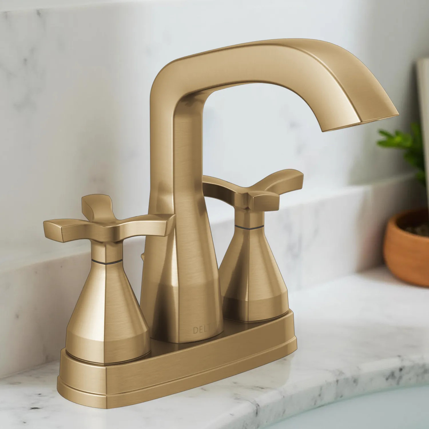 Delta 257766-CZ-PR-MPU-DST Delta Stryke Centerset Faucet With Metal Pop-Up, DIAMOND Seal, Helo Spoke Handles, 1.2 GPM, Lumicoat Champagne Bronze - 257766-CZ-PR-MPU-DST