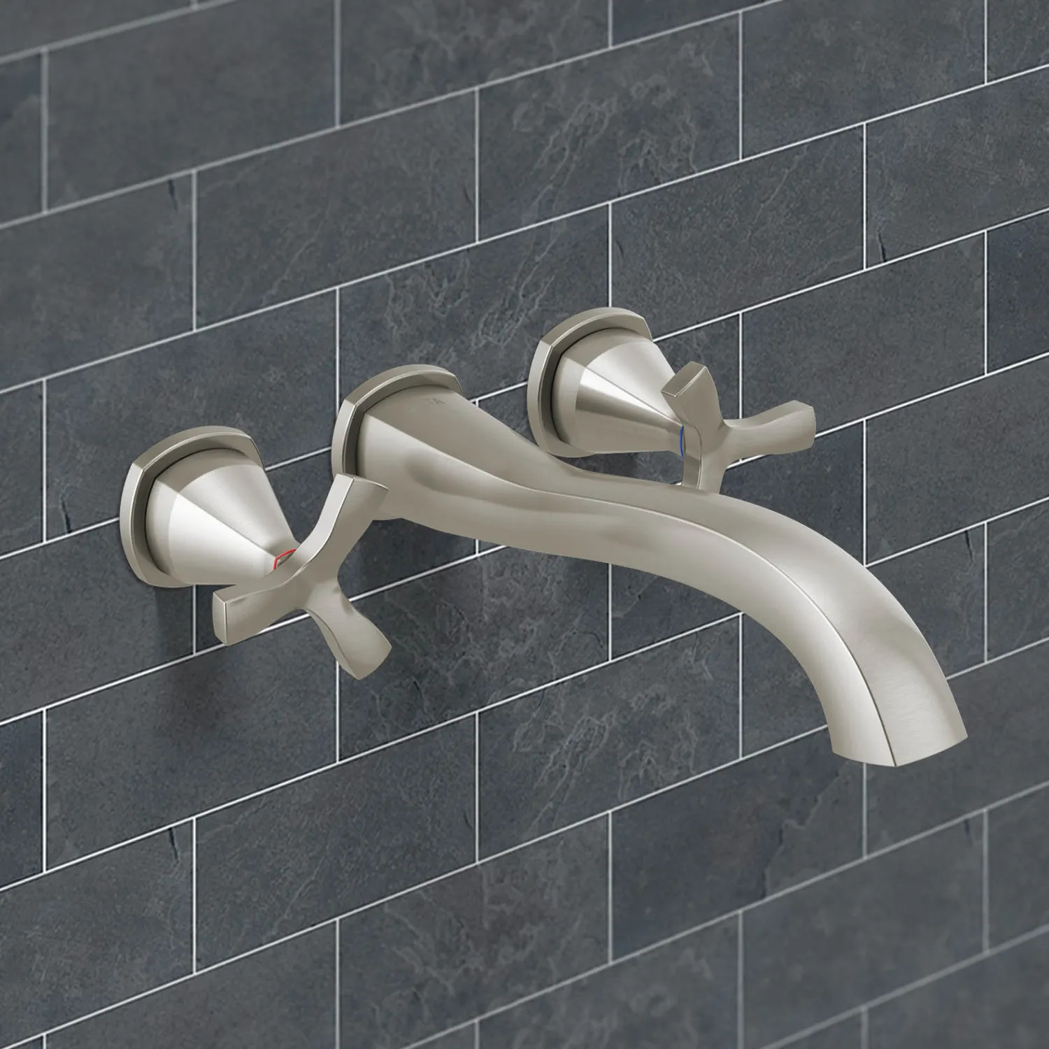 Delta T57766-SS-PR-WL Delta Stryke Two-Handle Wall-Mount Tub Faucet Trim, Helo-Spoke Handles, 8 GPM, Lumicoat Stainless - T57766-SS-PR-WL