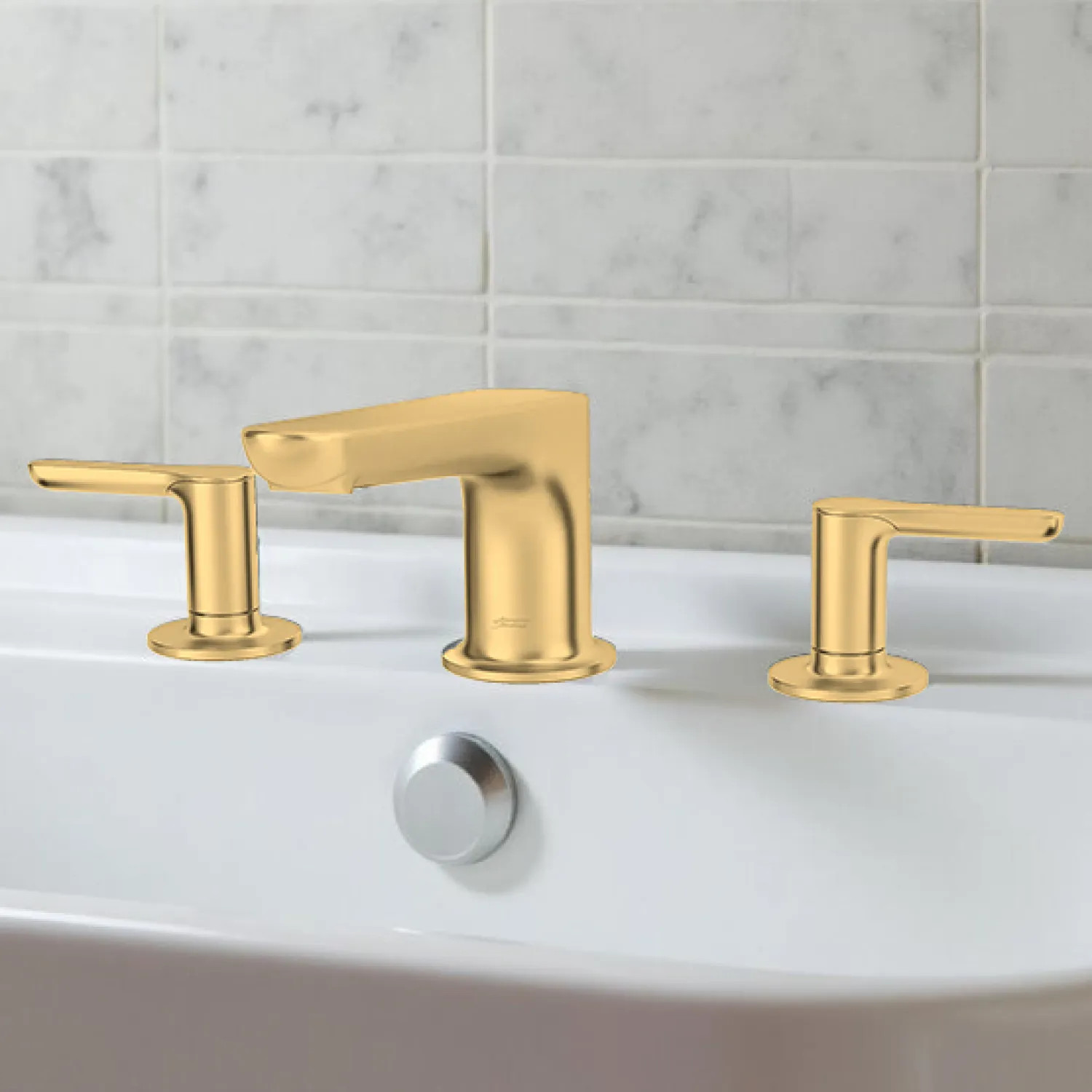 American Standard Studio S Two-Handle Roman Tub Faucet Trim For Flash  Rough-in Valves, Metal Lever Handles, ADA, Brushed Cool Sunrise -  T105900.GN0, image size:1500x1500