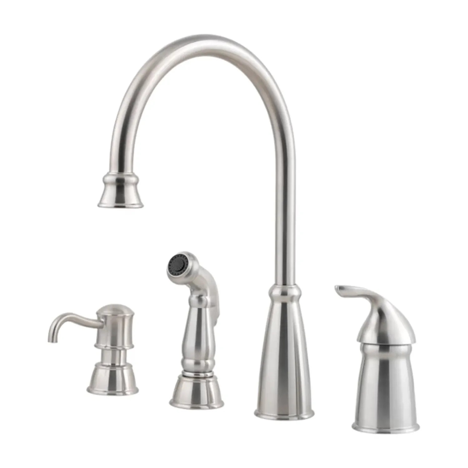 Pfister GT26-4CBS Pfister Avalon Stainless Steel Single Handle Kitchen Faucet with Side Spray and Soap Dispenser, 4 Hole, Pforever Seal, 1.8 GPM - GT26-4CBS
