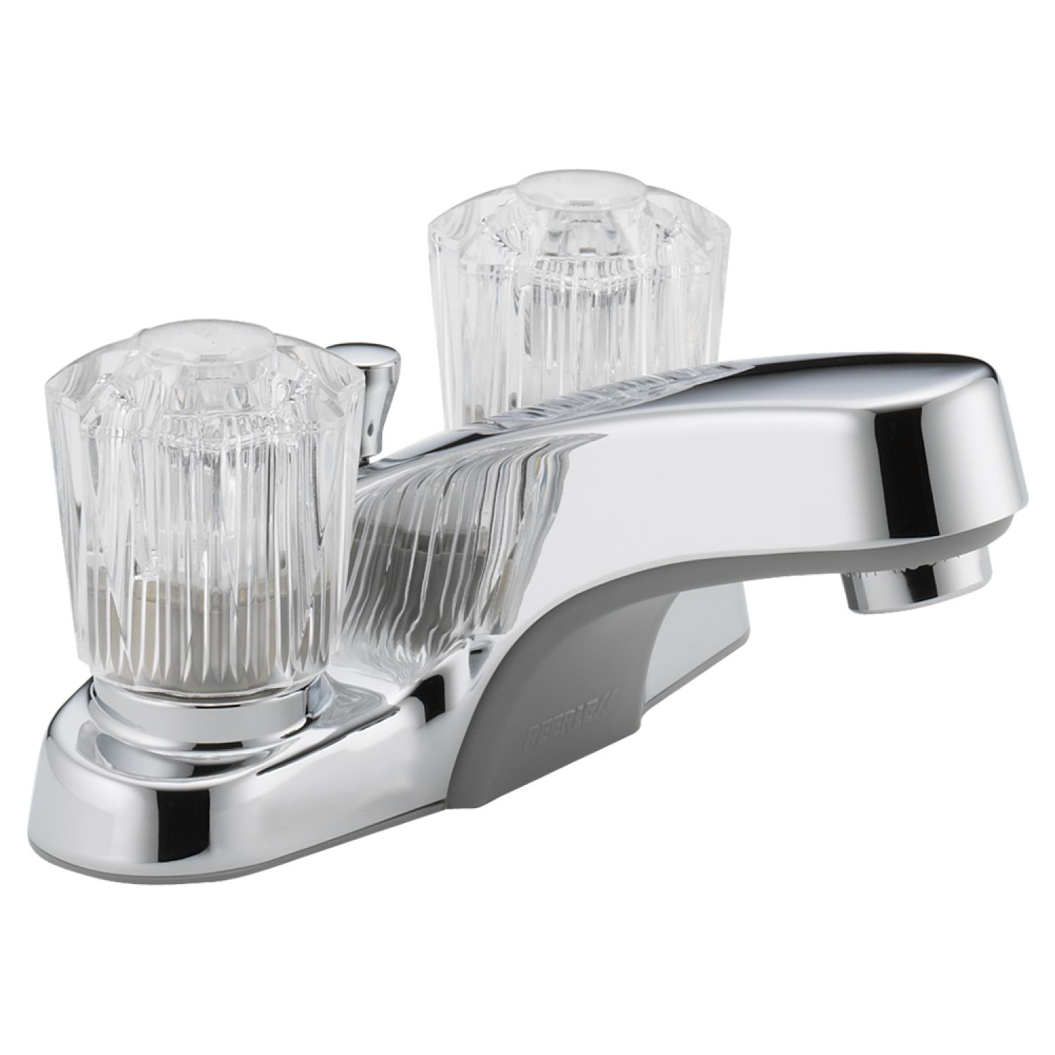 Peerless P245LF Peerless Centerset Bathroom Faucet with Plastic Pop-Up Drain, Standard Spout, Two-Handle, 1.0 GPM, Clear Knob Handle, WaterSense, Chrome - P245LF