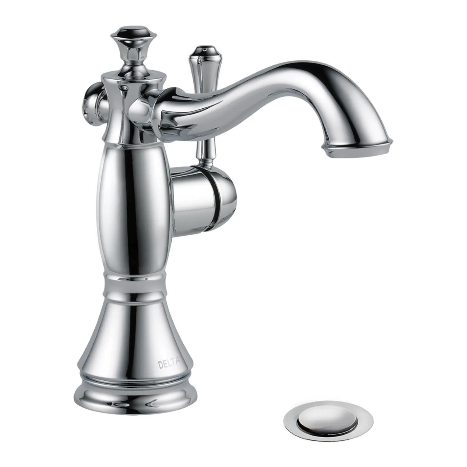 Delta 597LF-MPU Delta Cassidy Hook Spout Deck-Mount Chrome Lavatory Faucet with Red/Blue Indicators, Metal Pop-Up, 1.2 GPM, Single-Handle, Lever Handle - 597LF-MPU