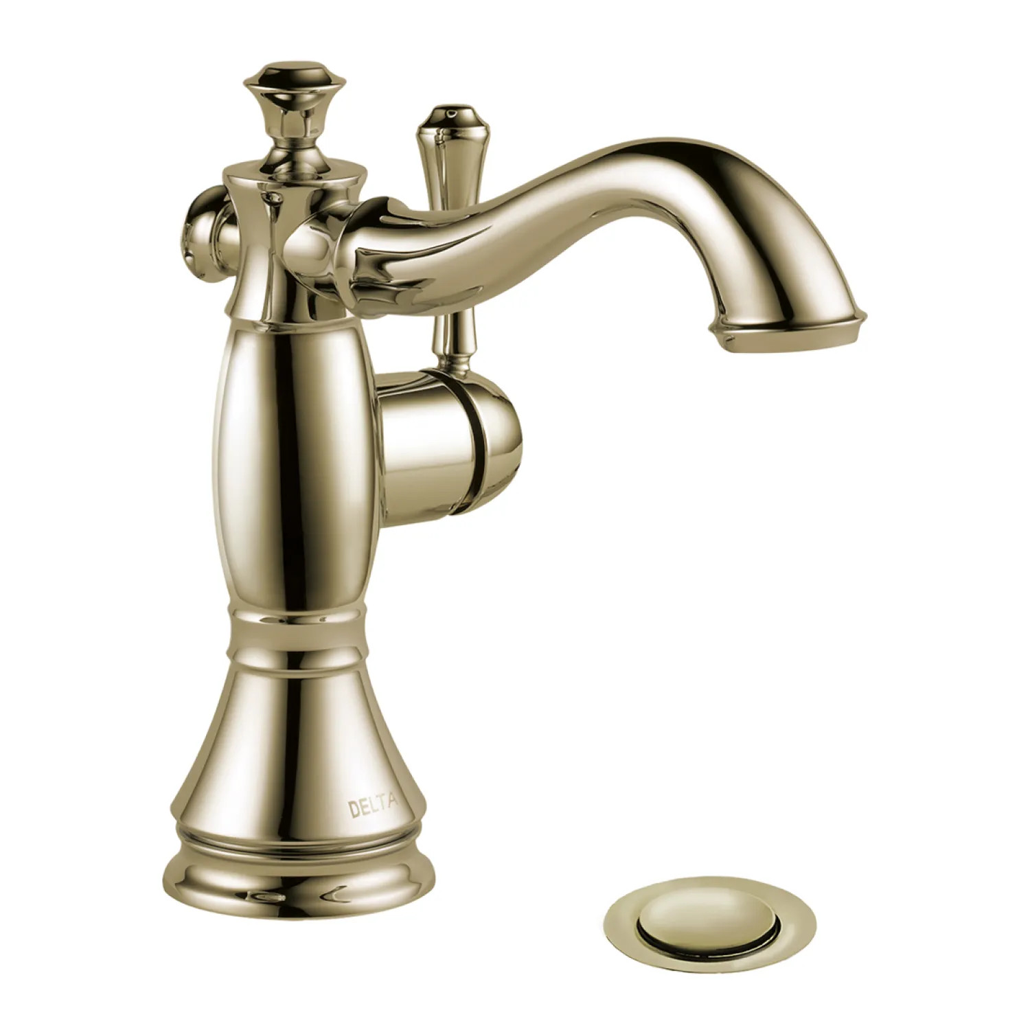 Delta 597LF-PNMPU Delta Cassidy Hook Spout Deck-Mount Polished Nickel Lavatory Faucet with Red/Blue Indicators, Metal Pop-Up, 1.2 GPM, Single-Handle, Lever Handle - 597LF-PNMPU
