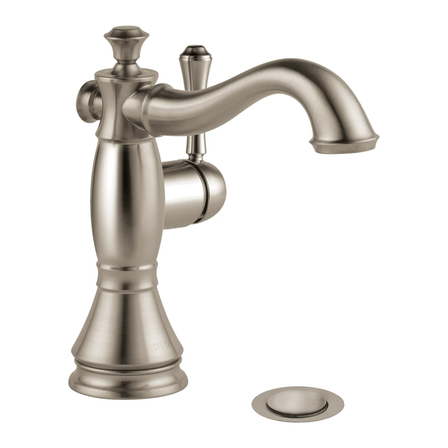 Delta 597LF-SSMPU Delta Cassidy Hook Spout Deck-Mount Stainless Lavatory Faucet with Red/Blue Indicators, Metal Pop-Up, 1.2 GPM, Single-Handle, Lever Handle - 597LF-SSMPU