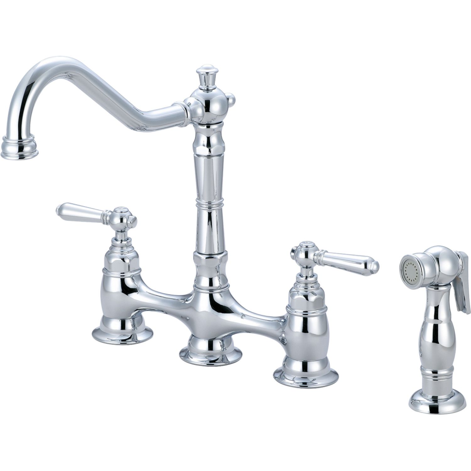 Pioneer 2AM501 Pioneer Americana Two-Handle Bridge Kitchen Faucet with Side Spray, 1.5 GPM, 4-Hole, Metal Lever Handles, ADA, Chrome - 2AM501