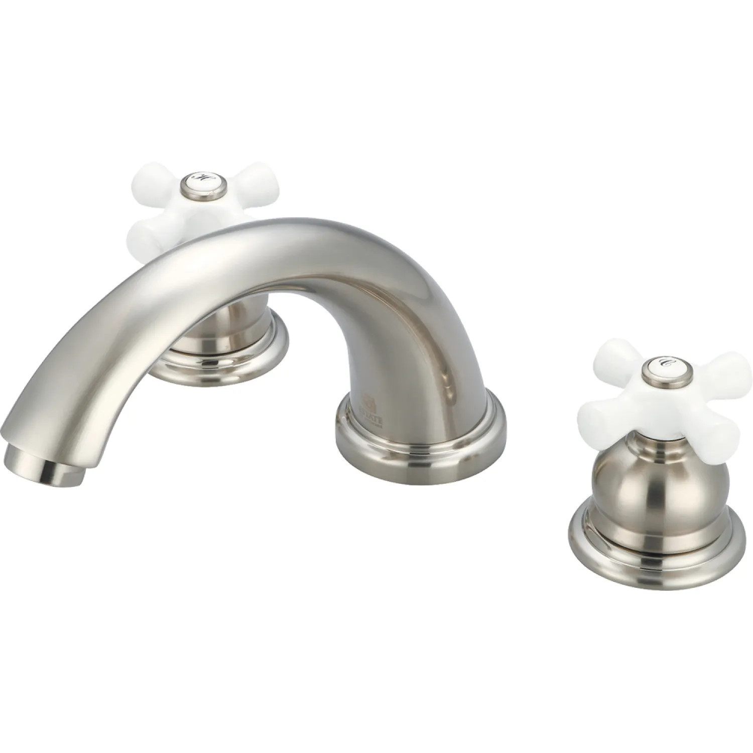 Pioneer 4BR720-BN Pioneer Brentwood Two-Handle Deck Mounted Brushed Nickel Roman Tub Faucet Trim Set with Rough-In, C Spout, Porcelain Cross Handles - 4BR720-BN