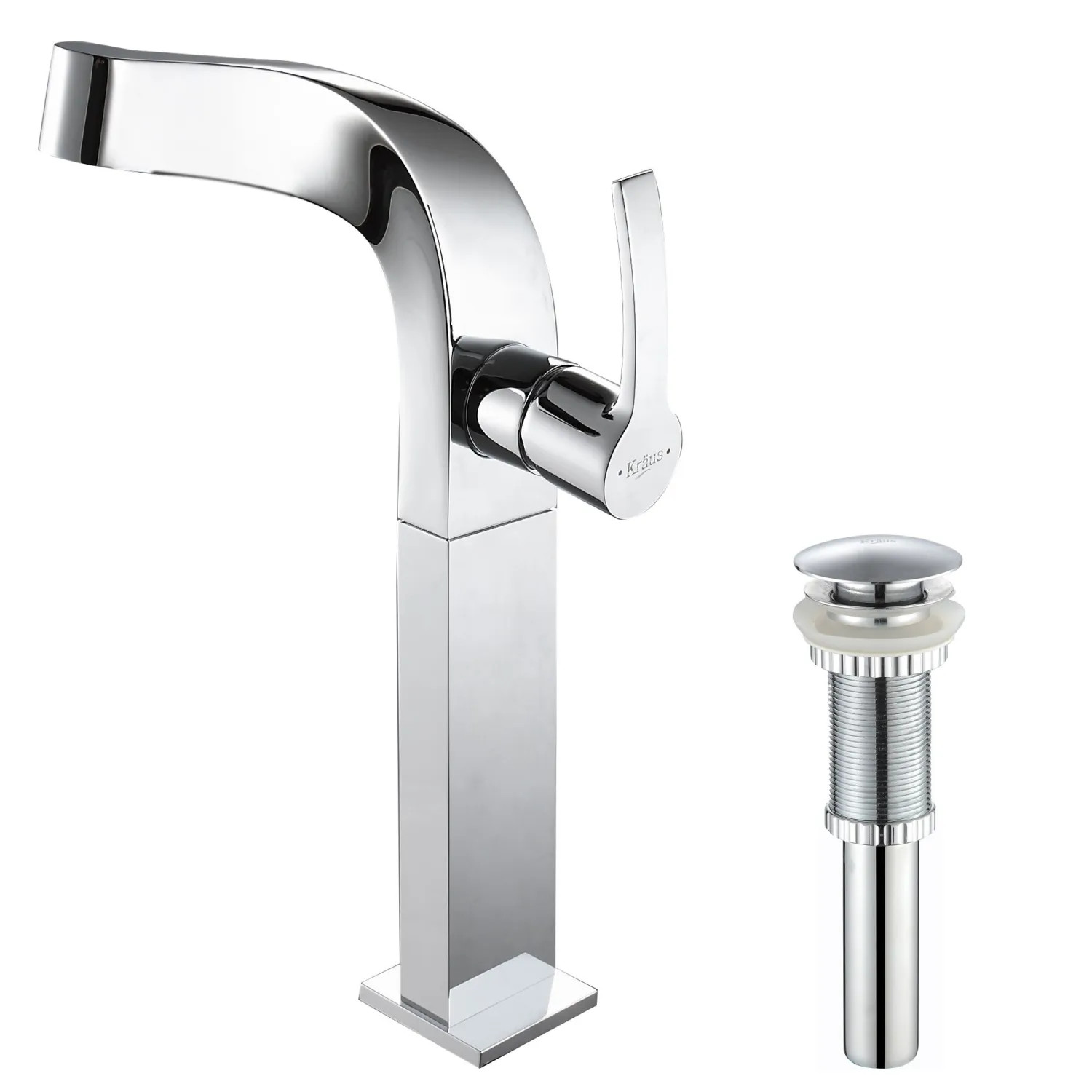 Kraus PU-10CH Kraus Push Pop-Up Drain for Vessel Sinks with 1-3/4in Drain Opening without Overflow, Metal Construction, All Rubber Gaskets Included, Chrome - PU-10CH