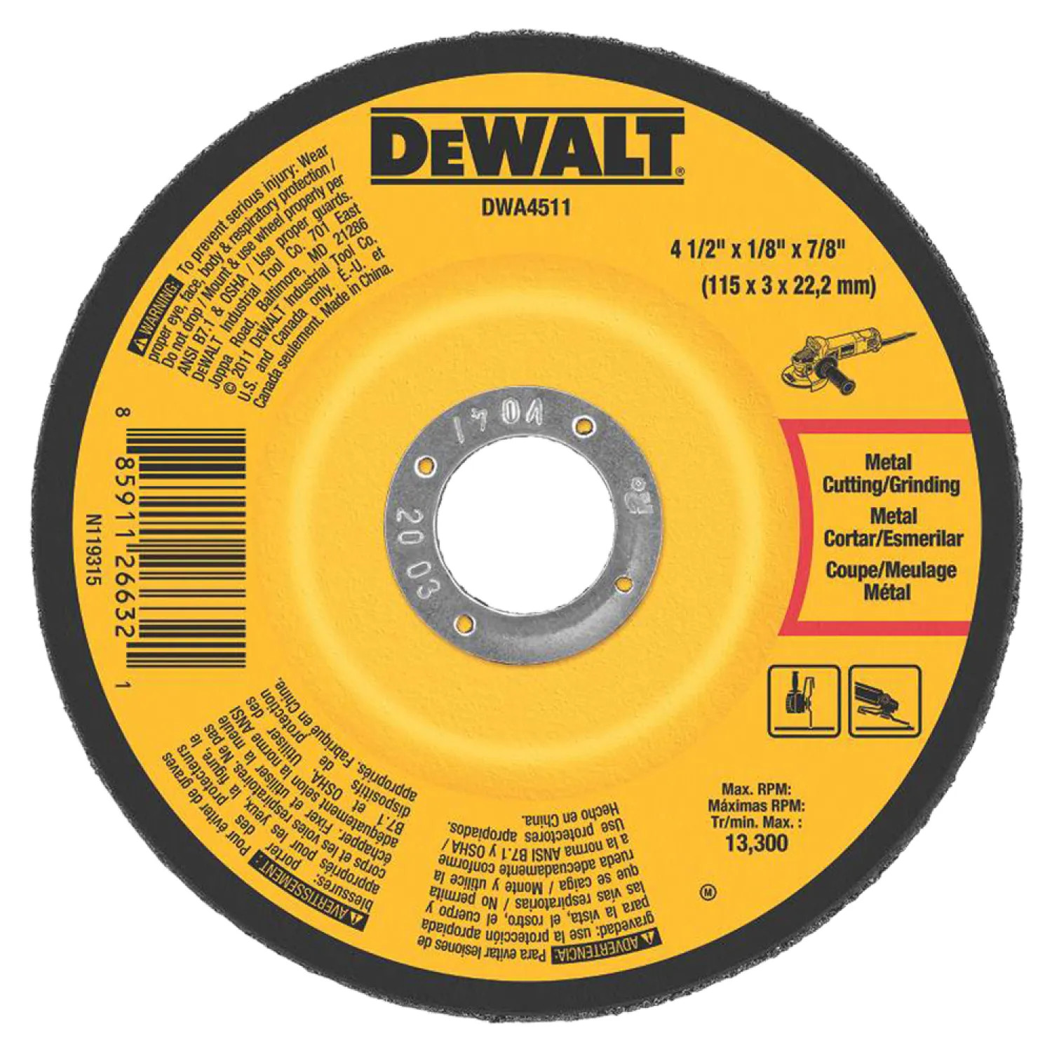 Dewalt DWA4511 Dewalt DWA4511 Type 27 Depressed Center Fast Cutting Grinding Wheel, 4-1/2in Dia x 1/8in T