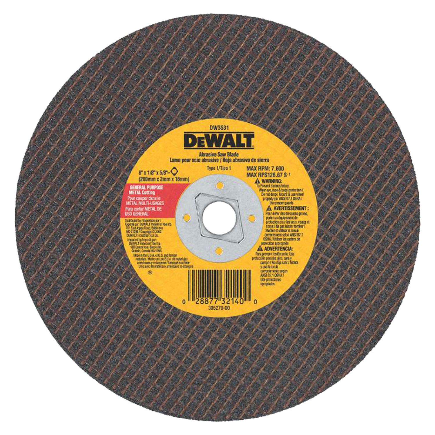 Dewalt DW3531 Dewalt DW3531 Type 1 High Performance abrasive Saw Blade, 8in Dia x 1/8in T, A24R Grit
