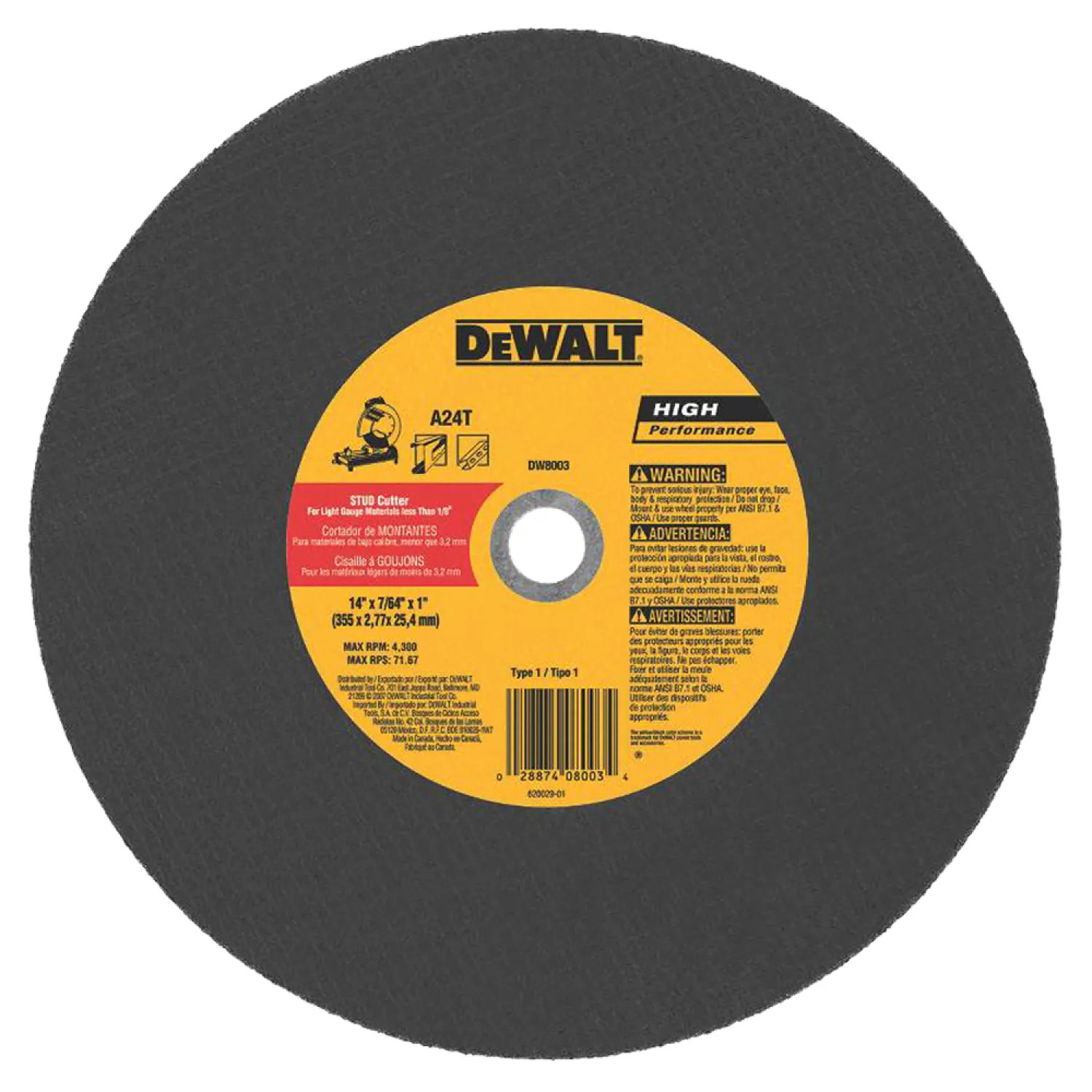 Dewalt DW8003 Dewalt DW8003 Type 1 High Performance Chop Saw Wheel, 14in Dia x 7/64in T, A24T Grit