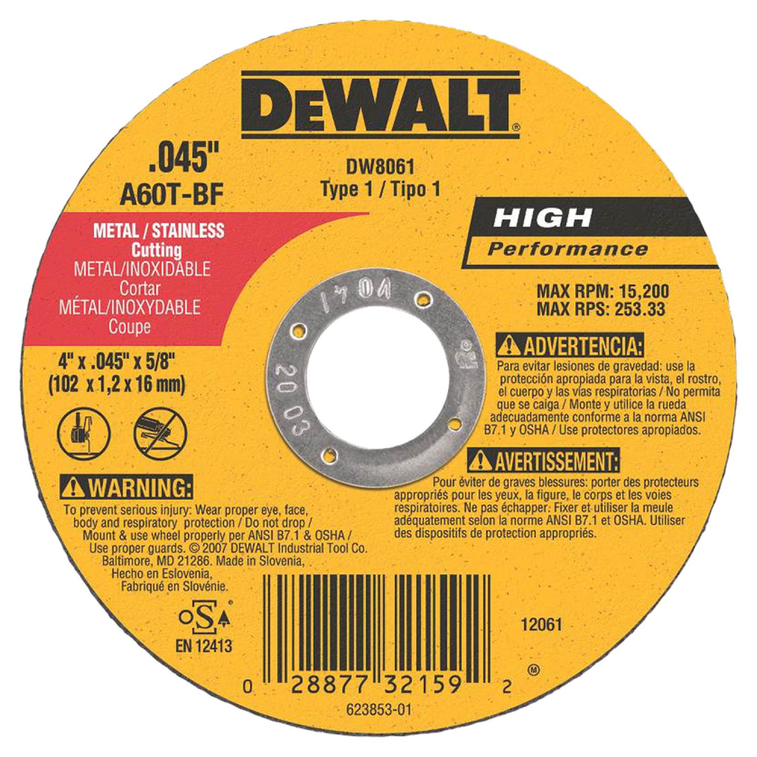 Dewalt DW8061 Dewalt DW8061 Type 1 High Performance Reinforced Cut-Off Wheel, 4in Dia x 0.045in T, A60T Grit