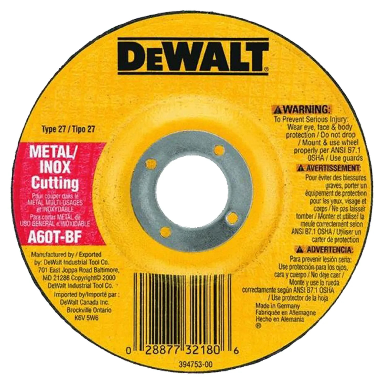 Dewalt DW8427 DeWalt DW8427 Type 27 Cutting Wheel, 7 in Dia X 1/16 in T, A60T Grit, 7/8 in Arbor