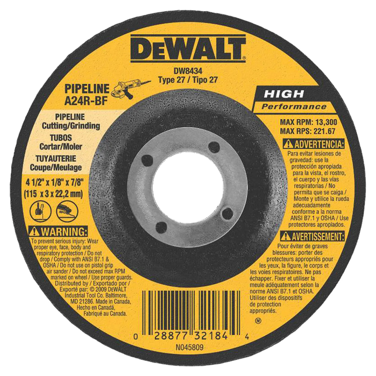 Dewalt DW8434 Dewalt DW8434 Pipeline Cutting/Grinding Wheel, 4-1/2in Dia x 1/8in T, A24R Grit, 7/8in Arbor