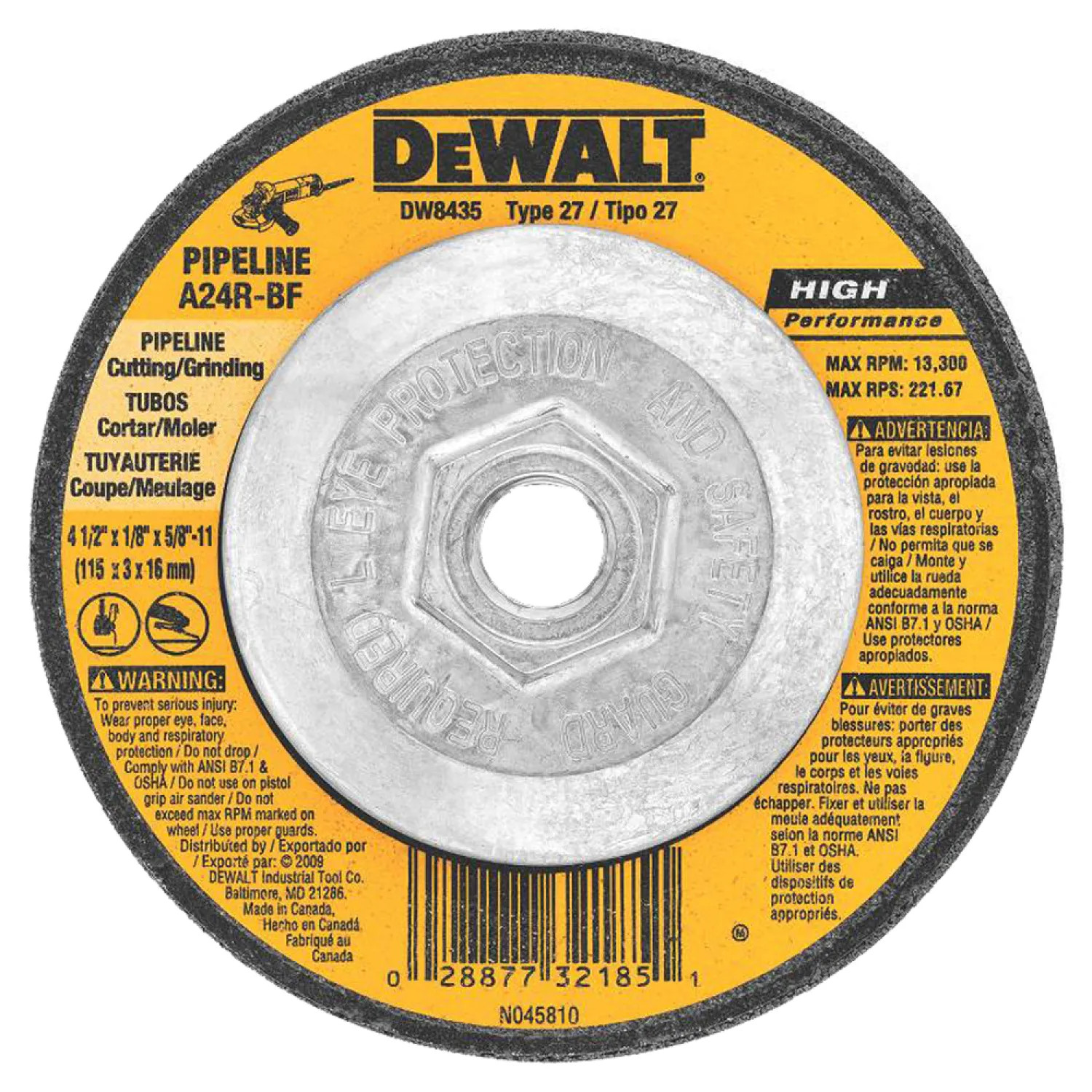 Dewalt DW8435 Dewalt DW8435 Pipeline Cutting/Grinding Wheel, 4-1/2 in Dia x 1/8 in T, A24R Grit, 5/8-11 Arbor