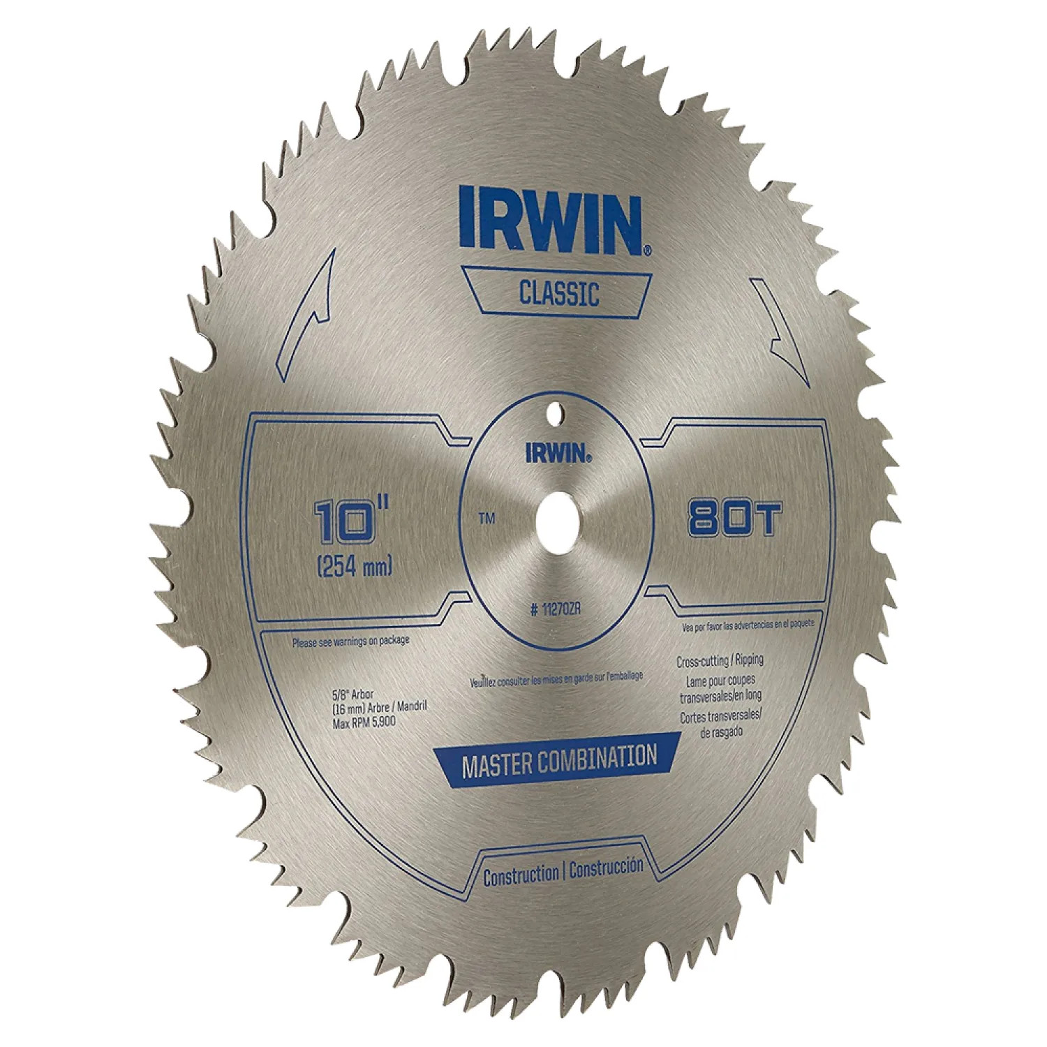 Irwin 11270 Irwin 11270 Combination Circular Saw Blade, 10 in Dia x 1.6 mm T, 80 Teeth, 5/8 in Arbor