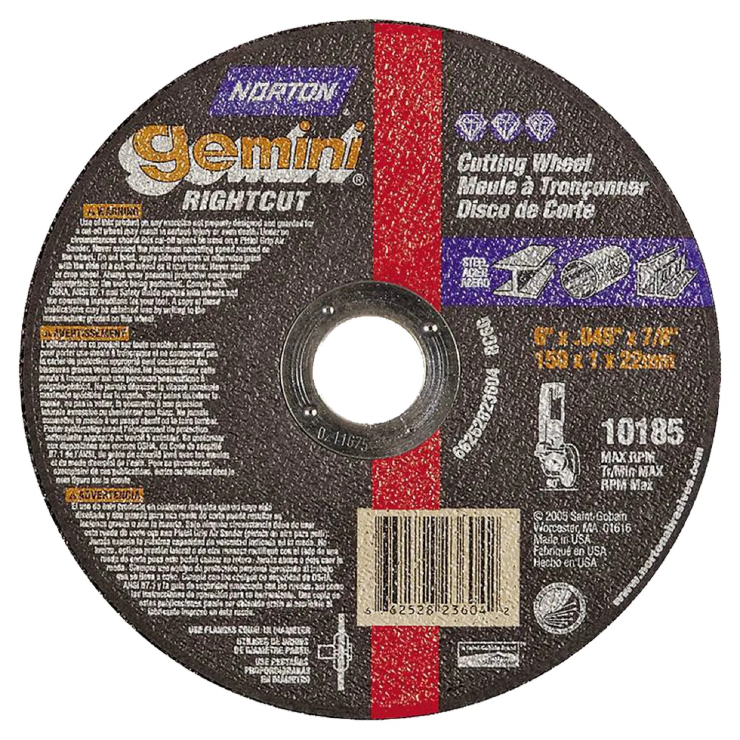 Norton 66252823604 Norton 23604 Type 1 Cut-Off Wheel, 6 in Dia x 0.045 in T, 7/8 in Arbor