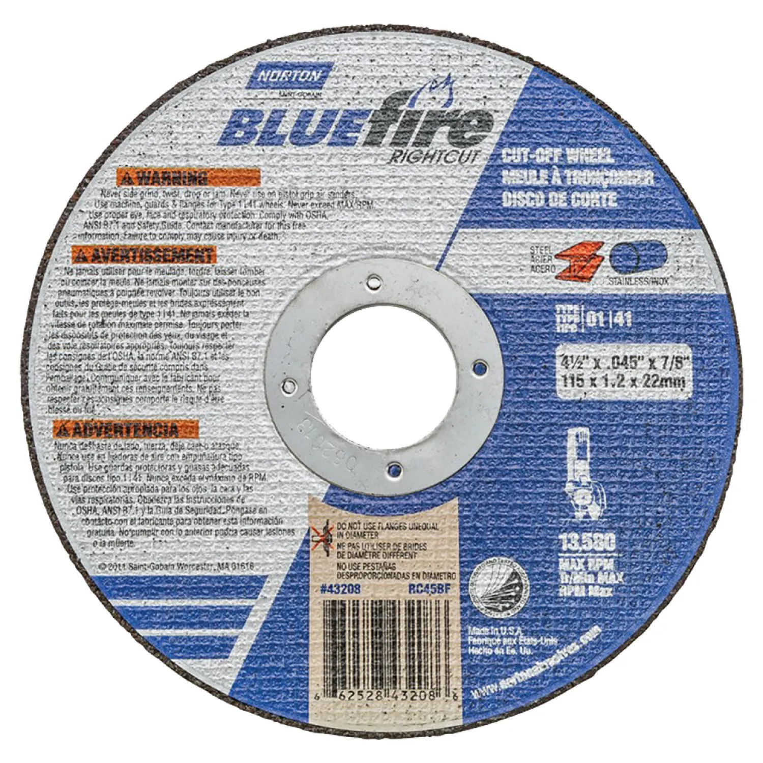 Norton 66252843208 Norton 43208 Type 1 Cut-Off Wheel, 4-1/2 in Dia x 0.045 in T, 24 Grit, 7/8 in Arbor