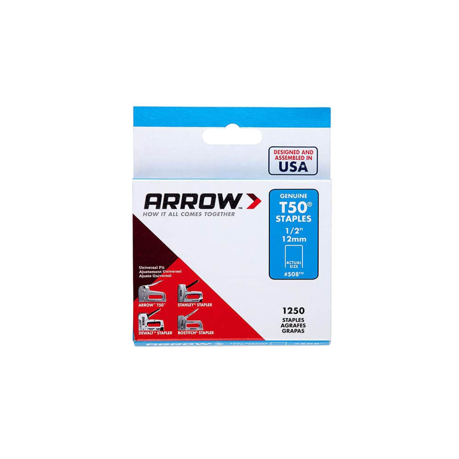 Arrow 50824/508 Arrow Flat Crown Staple, 3/8in, 1/2in Leg - T50 50824/508